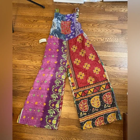 NWT• Reversible Kantha Patchwork Overalls • Handmade Artisan Boho •One-of-a-Kind - Picture 1 of 8